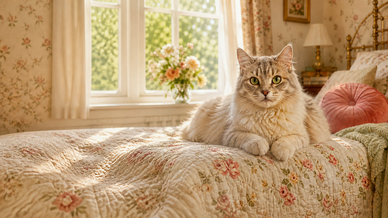 Mabel, a fluffy cat, resting in a sunlit bedroom