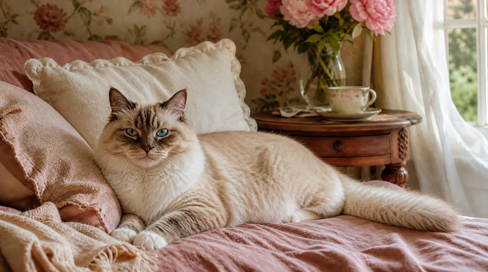 Snowball resting in a soft bedroom